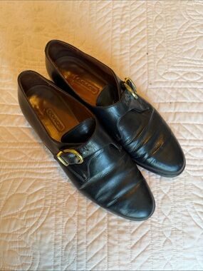 Coach women’s Black Leather Slip-On monk strap Loafers with Gold Buckle